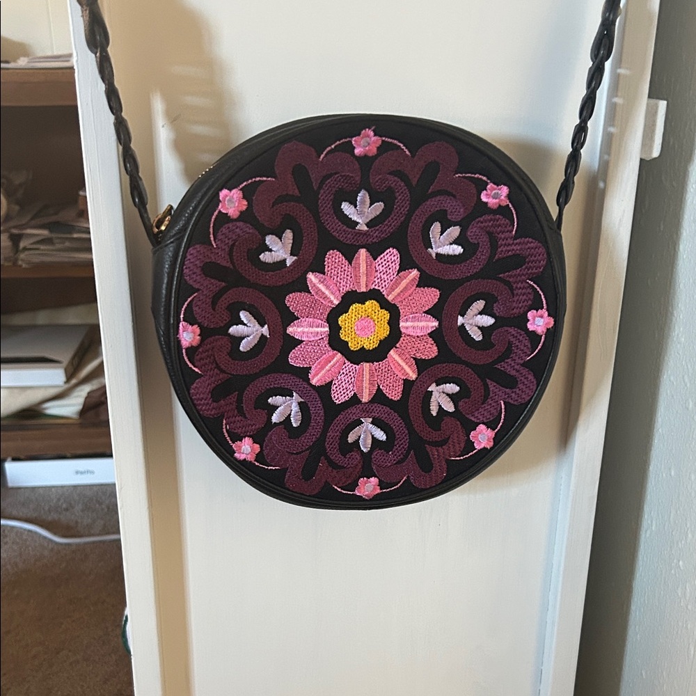 Embroidered Floral Round Crossbody Bag - Black and Pink
